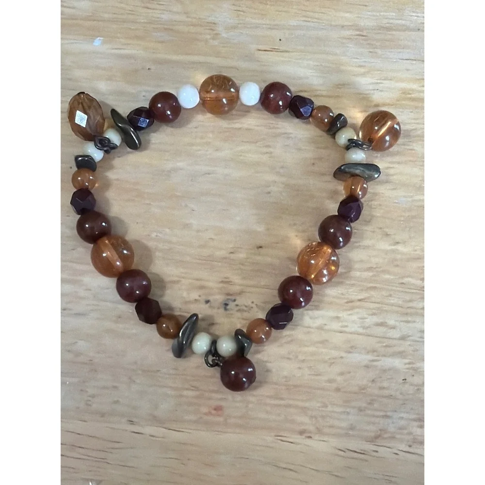 Earth Tone Beaded Stretch Bracelet Amber Brown Boho Charms‎ Neutral Earthy
